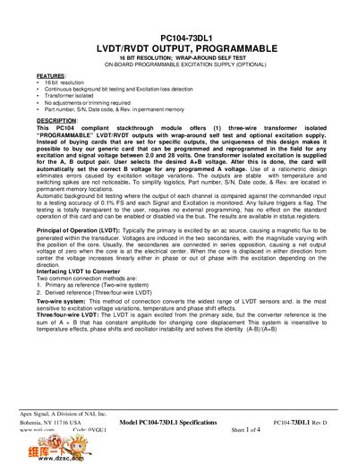 Apex Signal PC104-73DL1 LVDT/RVDT Output Programmable Module Datasheet - cover page
