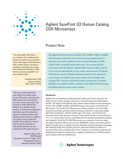Agilent SurePrint G3 Human Catalog CGH Microarrays Product Note - cover page