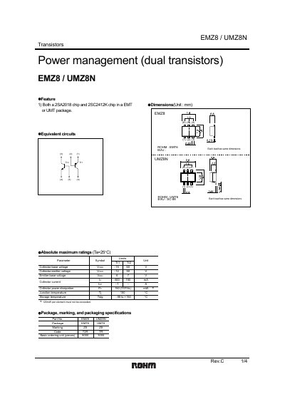 ROHM EMZ8 / UMZ8N Transistor Datasheet - cover page