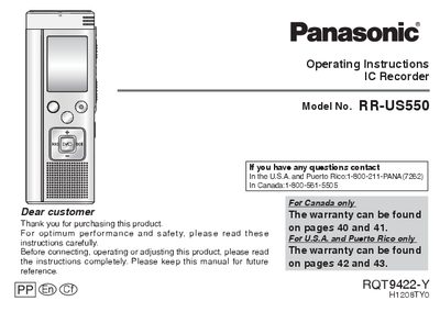 Panasonic RR-US550 IC Recorder Operating Instructions