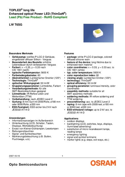 OSRAM LW T6SG LED Datasheet - cover page