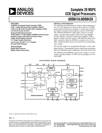 Analog Devices AD9841A/AD9842A CCD Signal Processor Datasheet - cover page