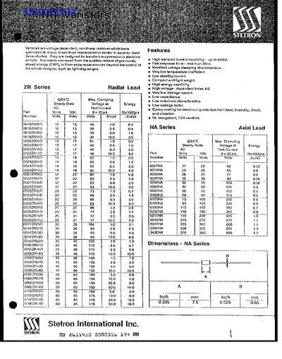 Stetron NR Series Metal Oxide Varistor Product Leaflet - cover page
