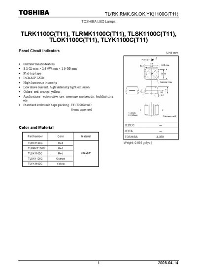 TOSHIBATLRK1100C(T11) TLRMK1100C(T11) TLSK1100C(T11) TLOK1100C(T11) TLYK1100C(T11) Manual - cover page