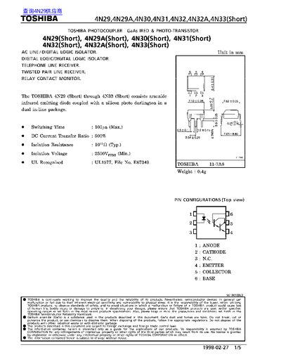 TOSHIBA 4N29 4N29A 4N30 4N31 4N32 4N32A 4N33(Short) handbook