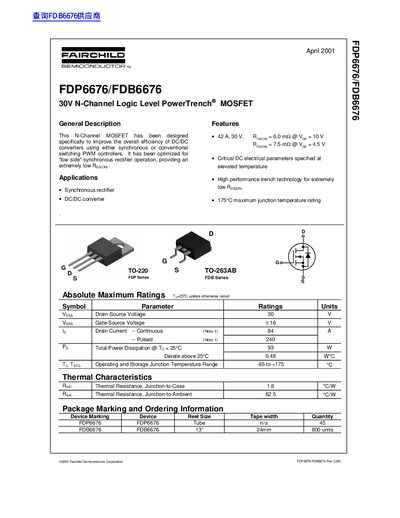 Fairchild FDP6676/FDB6676 30V N-Channel Logic Level PowerTrench MOSFET Datasheet - cover page