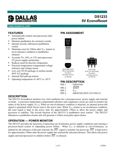 Maxim DS1233 5V EconoReset Datasheet - cover page