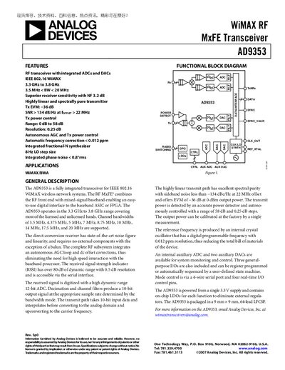 Analog Devices AD9353 WiMAX RF MxFE Transceiver Datasheet - cover page