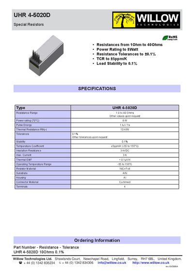 Willow UHR 4-5020D Special Resistor Datasheet - cover page