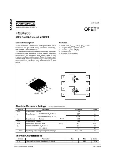 Fairchild Semiconductor FQS4903 500V Dual N-Channel MOSFET Datasheet