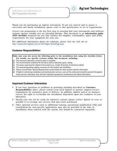 Agilent 1290/1260 Infinity LC Site Preparation Checklist - cover page