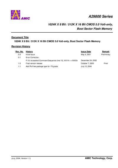 AMIC A29800 Series Datasheet - cover page