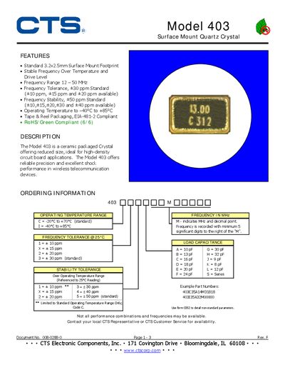 CTS 403 Surface Mount Quartz Crystal Datasheet - cover page