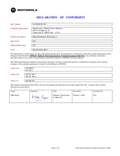 MOTOROLA LV/028/09/H17/D Data Sheet