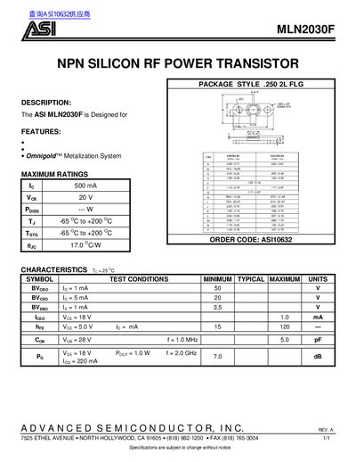 ASI MLN2030F NPN Silicon RF Power Transistor Datasheet - cover page