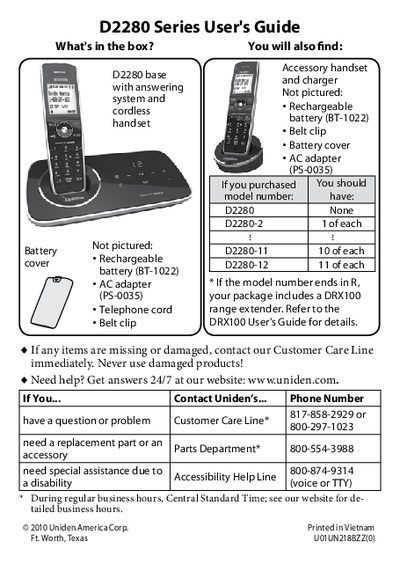 Uniden D2280 Series Cordless Phone User's Guide - cover page