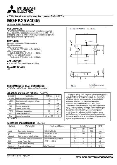 Mitsubishi Electric MGFK25V4045 Datasheet - cover page