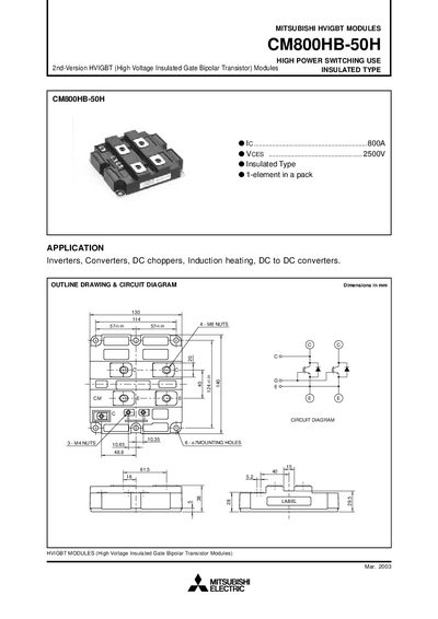 Mitsubishi CM800HB-50H HVIGBT Module Datasheet - cover page