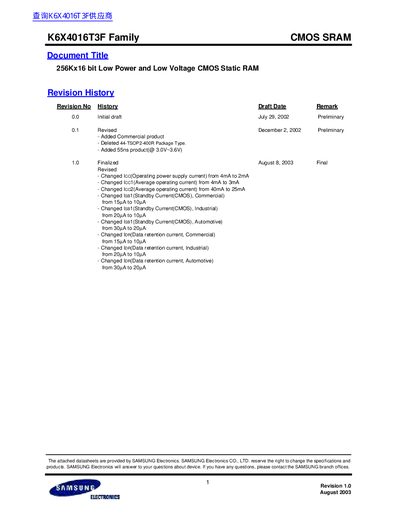 Samsung K6X4016T3F Family CMOS SRAM Data Sheet - cover page