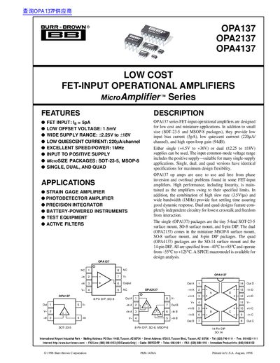 Burr-Brown OPA137/OPA2137/OPA4137 Low Cost FET-Input Operational Amplifiers Datasheet
