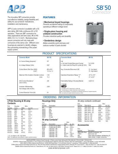 Anderson Power Products SB50 Connector Product Data Sheet - cover page