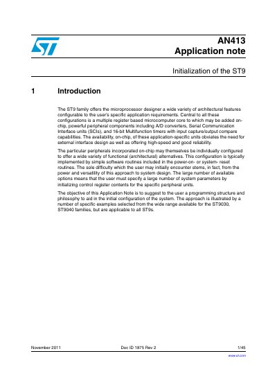 STMicroelectronics AN413 Application Note Initialization of the ST9 Family Microcontrollers - cover page