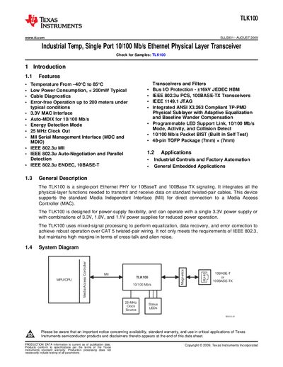 Texas Instruments TLK100 Ethernet PHY Datasheet - cover page