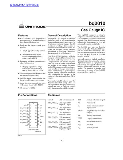 UNITRODE bq2010 Gas Gauge IC Datasheet - cover page