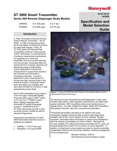 Honeywell ST 3000 Series 900 Smart Transmitter Specification and Model Selection Guide - cover page