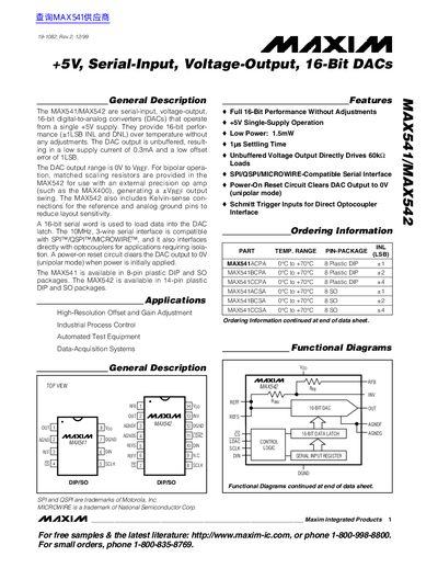 Maxim MAX541/MAX542 Data Sheet - cover page