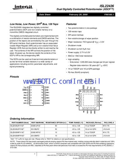Intersil ISL22426 Dual Digitally Controlled Potentiometer Datasheet - cover page