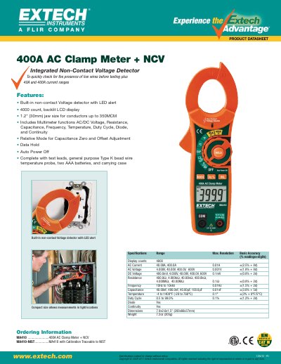 EXTECH MA410 400A AC Clamp Meter Product Datasheet - cover page