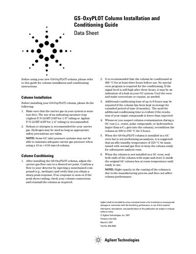 Agilent GS-OxyPLOT Column Installation Conditioning Guide - cover page