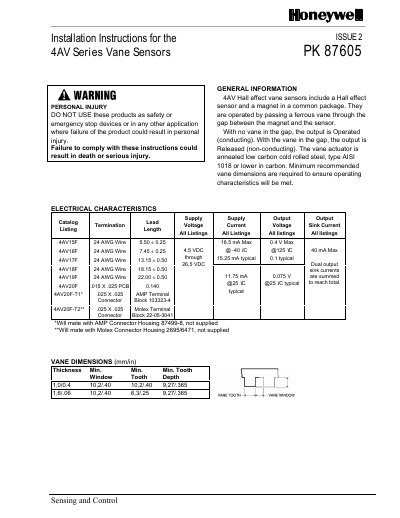 HONEYWELL S PK 87605 4AV Series Vane Sensors installation Manual - cover page