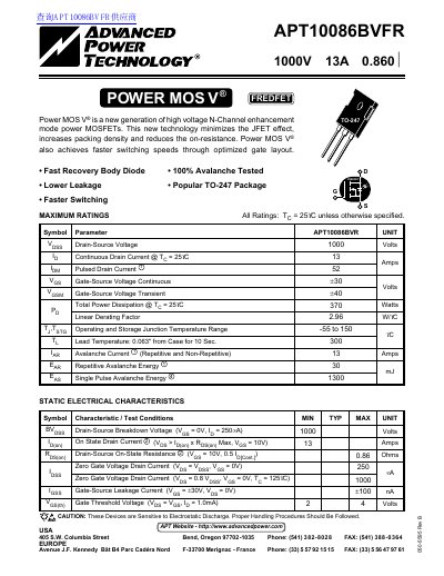 ADVANCED POWER TECHNOLOGY EUROPE APT10086BVFR 1000V 13A 0.860 handbook - cover page