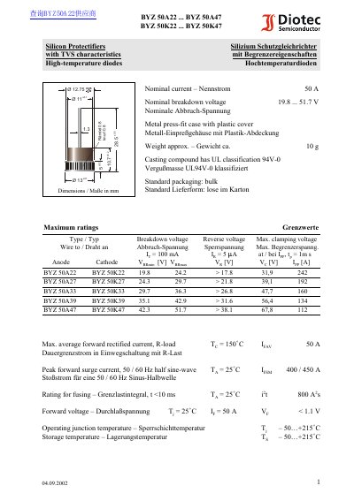 Diotec Semiconductor BYZ 50A22 ... BYZ 50A47 BYZ 50K22 ... BYZ 50K47 handbook - cover page