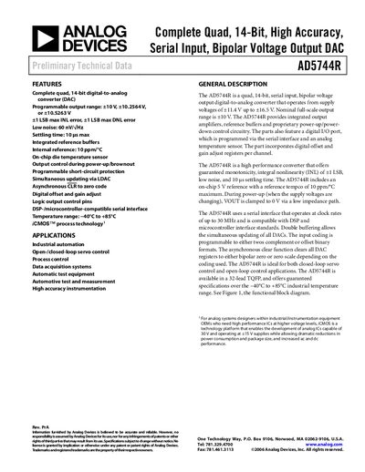 Analog Devices AD5744R Quad 14‑Bit DAC Datasheet - cover page