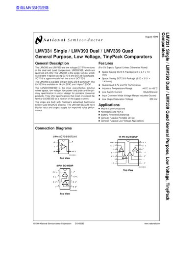 National Semiconductor LMV331 Single LMV393 Dual LMV339 Quad General Purpose Low Voltage TinyPack Comparators handbook - cover page