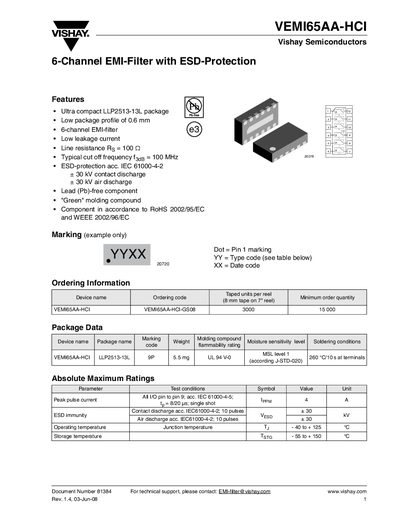 Vishay VEMI65AA-HCI 6-Channel EMI Filter Datasheet - cover page