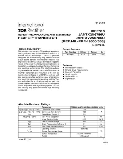International Rectifier IRFE310 HEXFET Transistor Datasheet - cover page