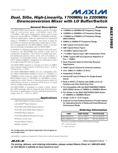 Maxim MAX19995 Dual-Channel Downconverter Data Sheet