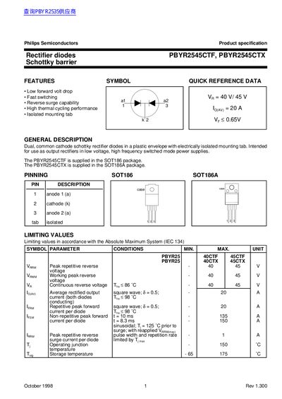 Philips PBYR2545CTF / PBYR2545CTX Schottky Rectifier Diodes Datasheet - cover page