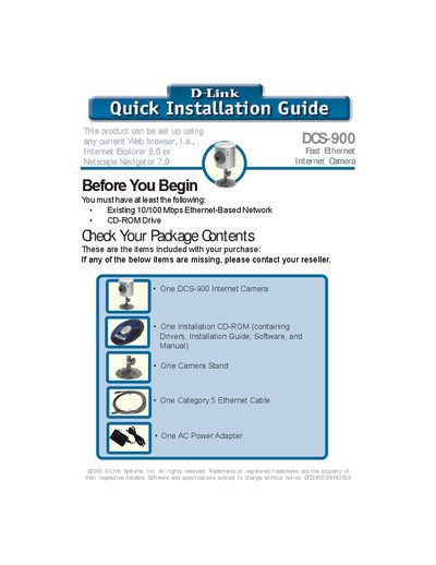 D-Link DCS-900 Internet Camera Quick Installation Guide