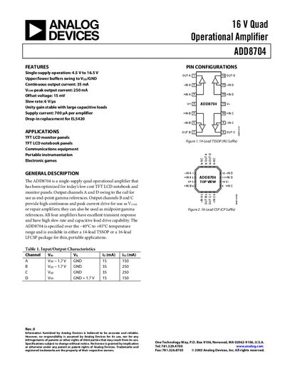 Analog Devices ADD8704 Operational Amplifier Datasheet - cover page