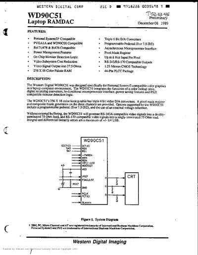 Western Digital WD90C51 Laptop RAMDAC Datasheet - cover page