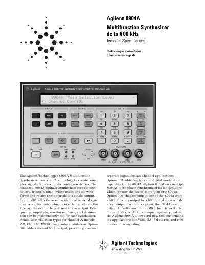 Agilent 8904A Multifunction Synthesizer dc to 600 kHz Manual - cover page