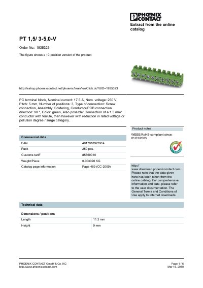 Phoenix Contact PT 1,5/ 3-5,0-V PC Terminal Block Product Data Sheet - cover page