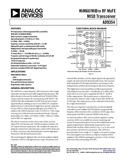 Analog Devices AD9354 RF Transceiver Datasheet - cover page