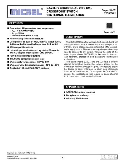 Micrel SY55858U Crosspoint Switch Datasheet - cover page