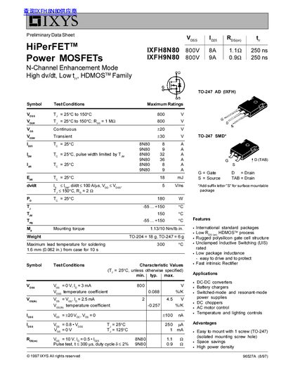 IXYS IXFH8N80/IXFH9N80 Power MOSFET Preliminary Data Sheet